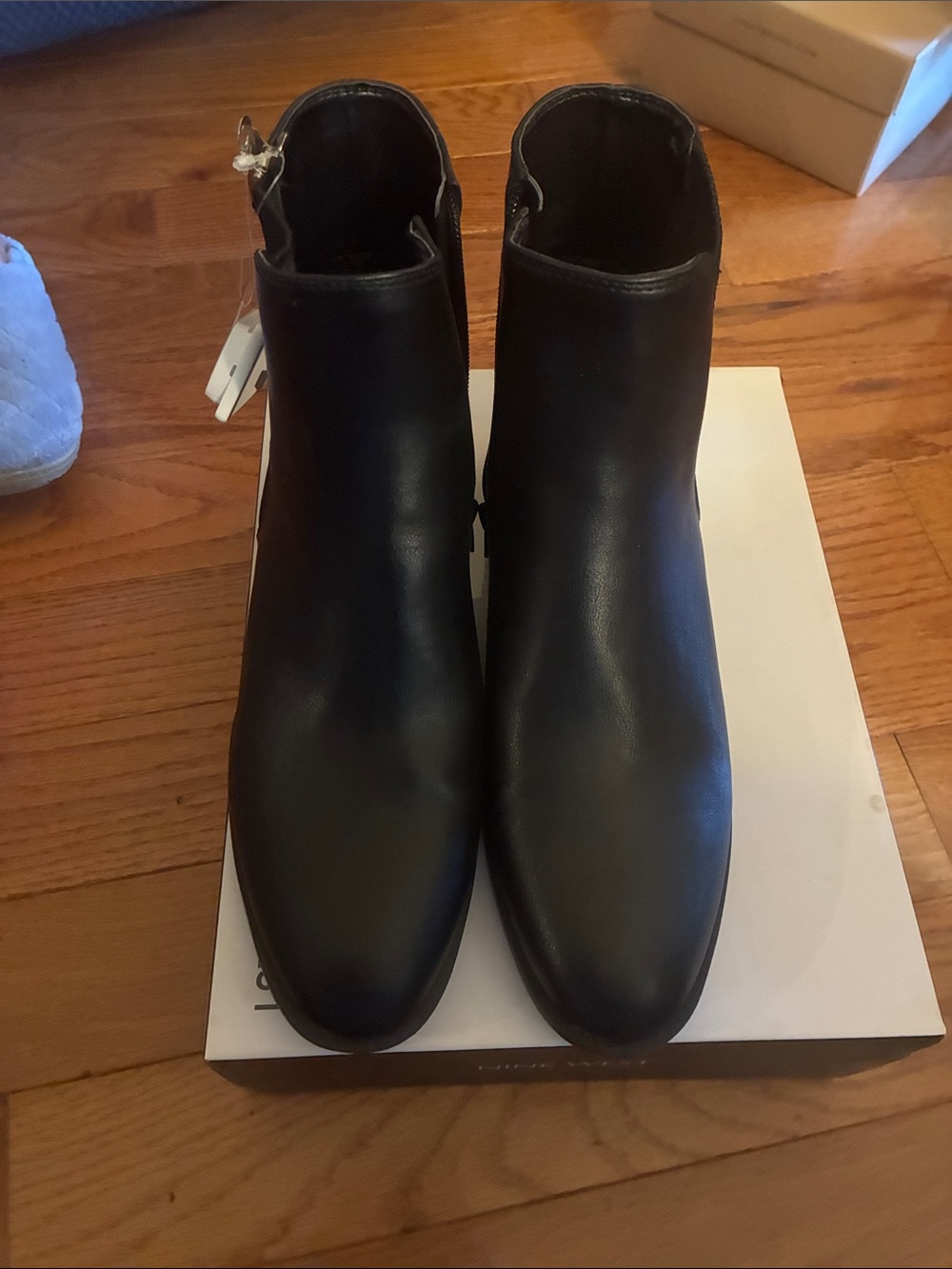 Nine West Black Leather Ankle Boots with Gold Heel Trim